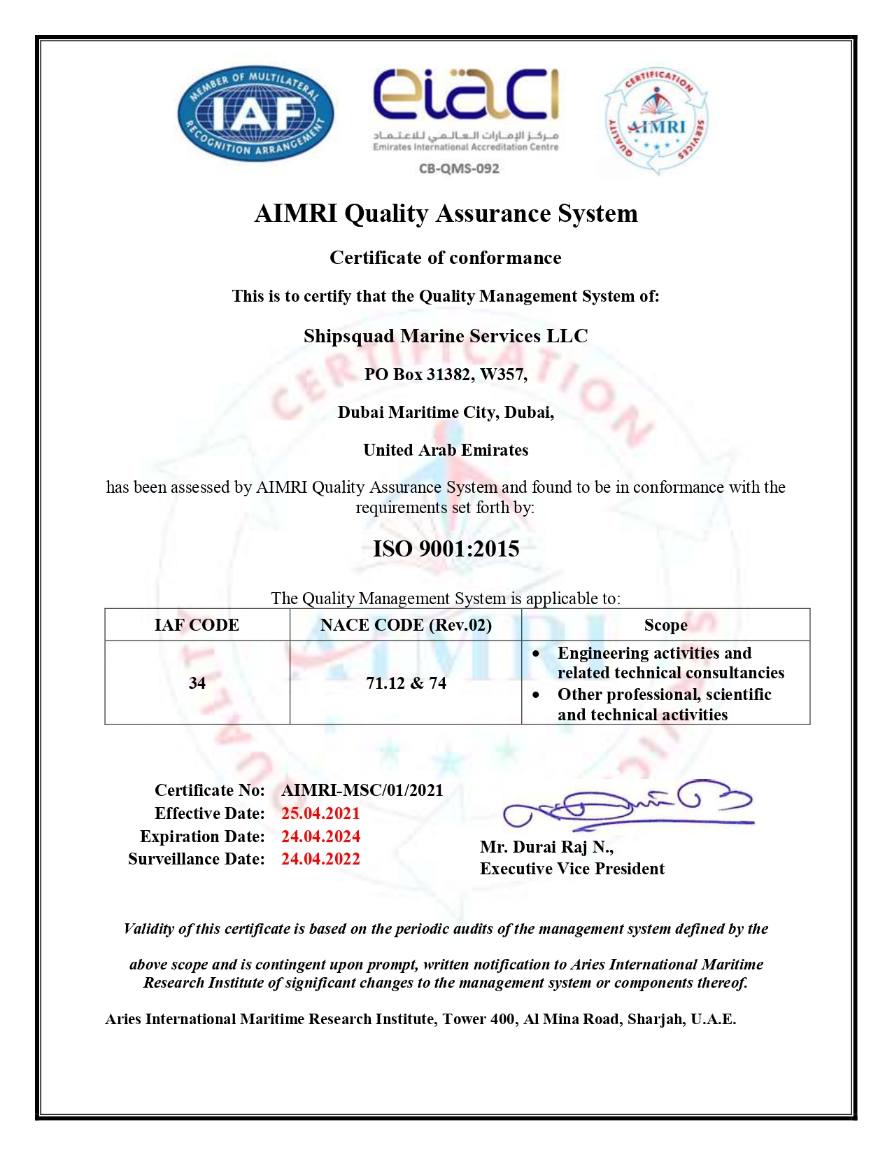 List of Certified Client-Shipsquard Marine Services LLC Certificate